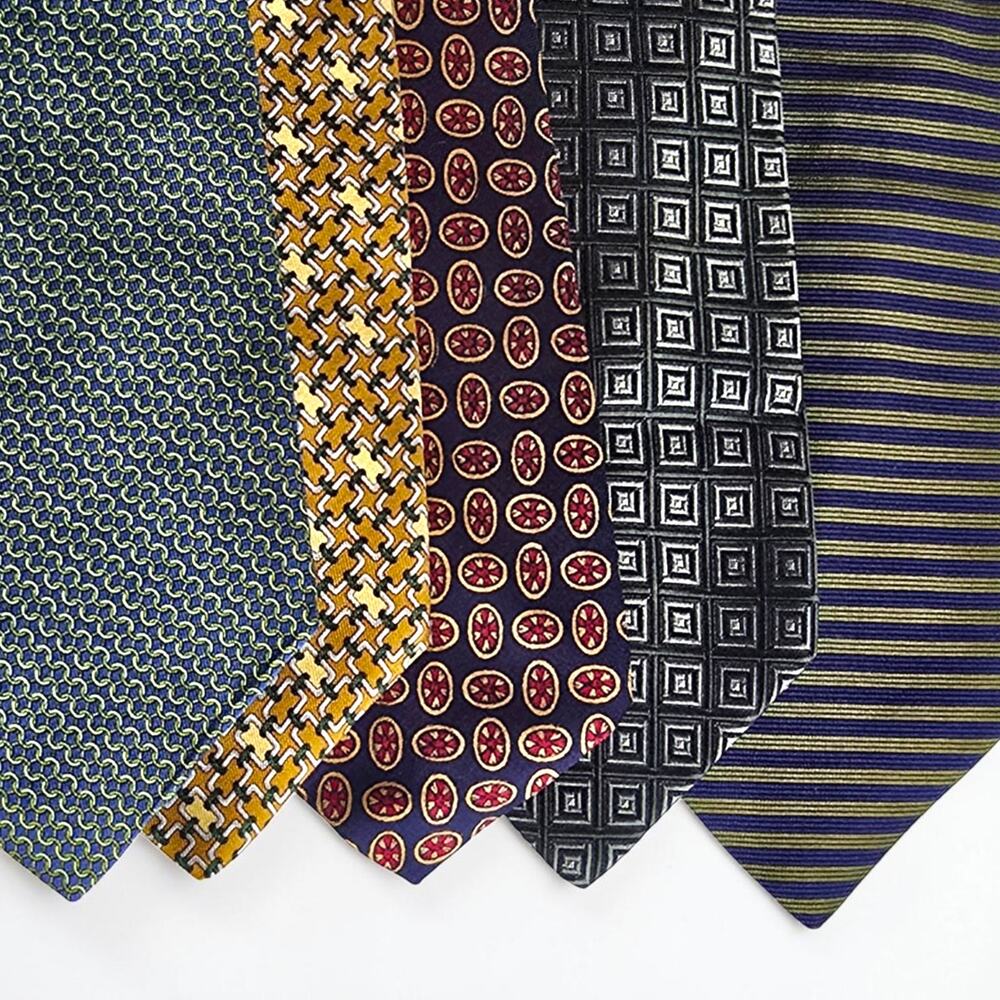 Lot 5 Brooks Brothers Silk Neckties Blue Gray Gold Geo Medallion Stripe 3.75" - Picture 1 of 9